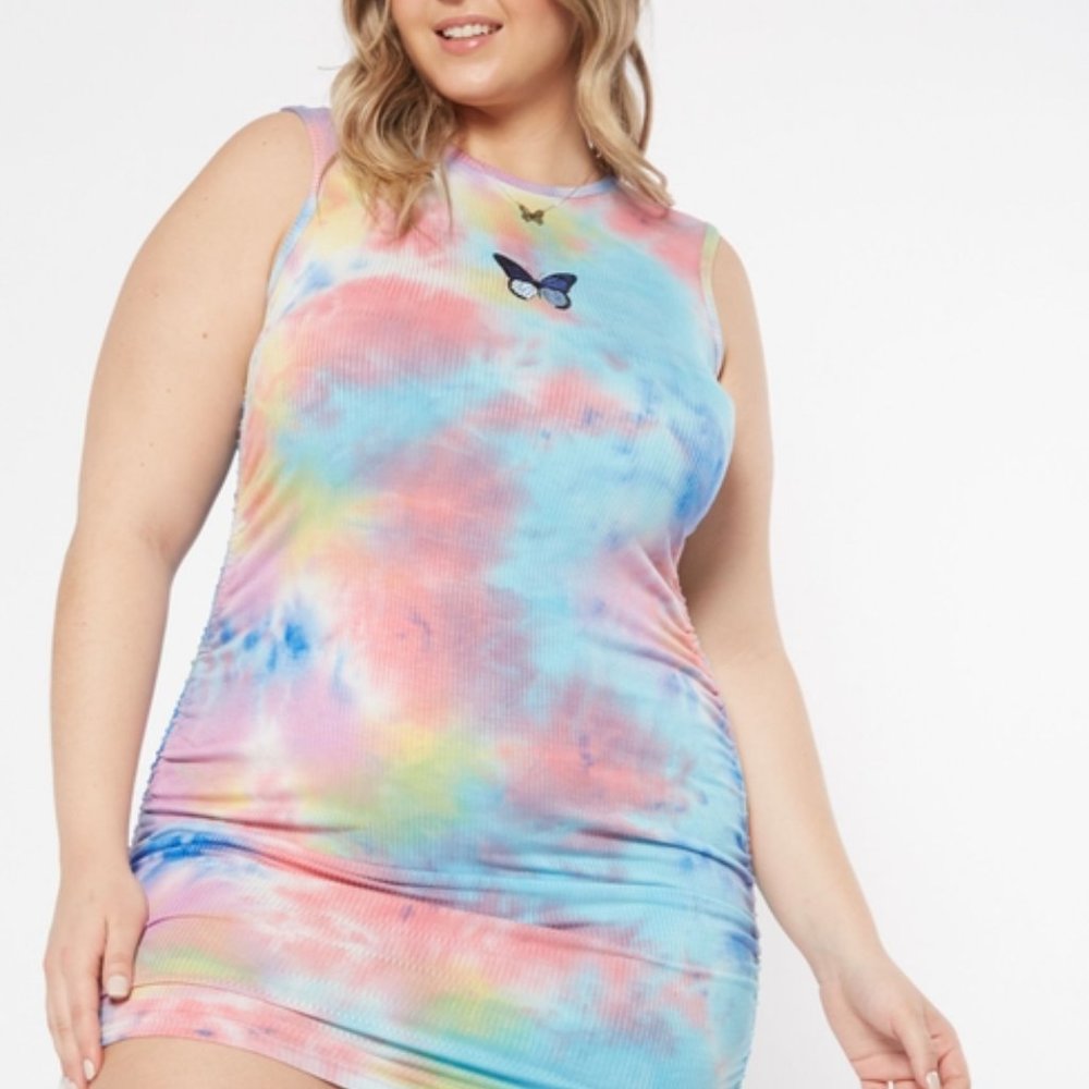 Plus Rainbow Tie Dye Butterfly Ruched Dress
